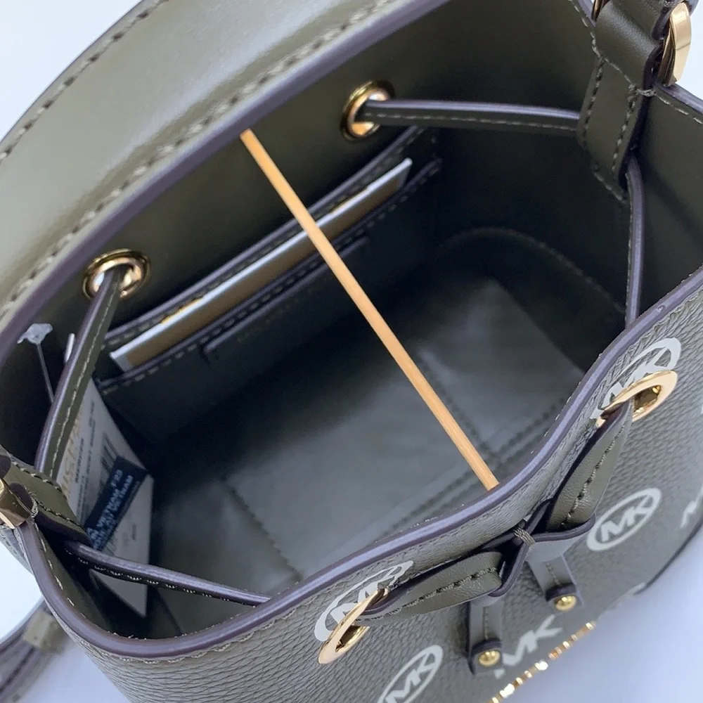MICHAEL KORS Mercer Small Logo Embossed Leather Bucket Bag COLOR OLIVE
